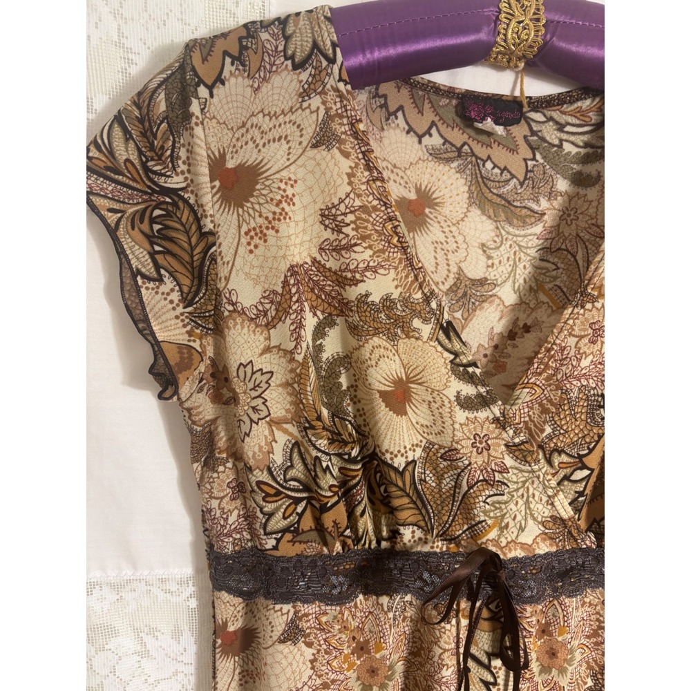 Early 2000's Brown Floral Lace Trim Faux Wrap Babydoll Blouse Size L-XL - Picture 4 of 11